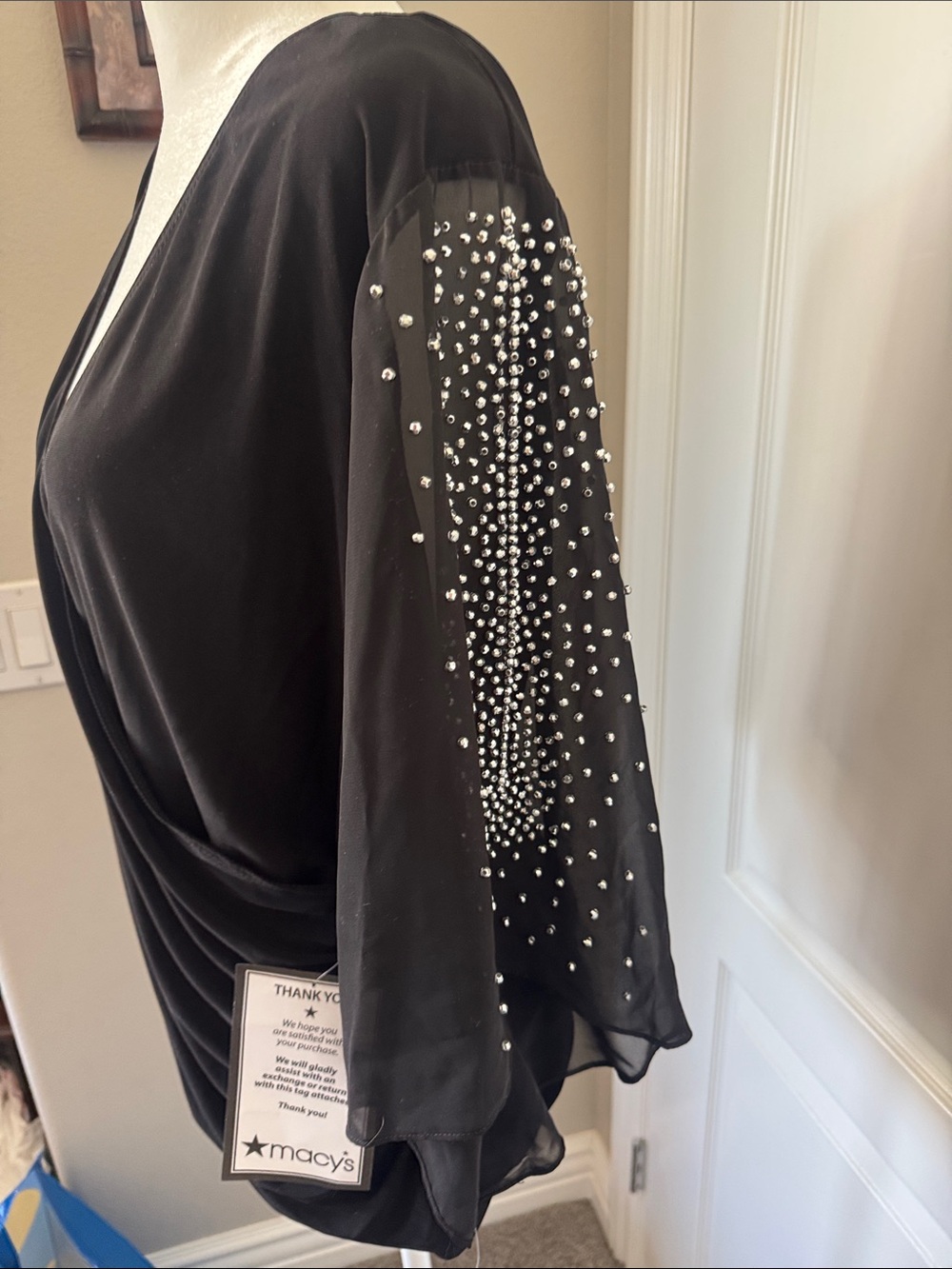 Black Draped V-Neck Women's Top with Sheer Embellished Open Sleeves - Picture 3 of 6